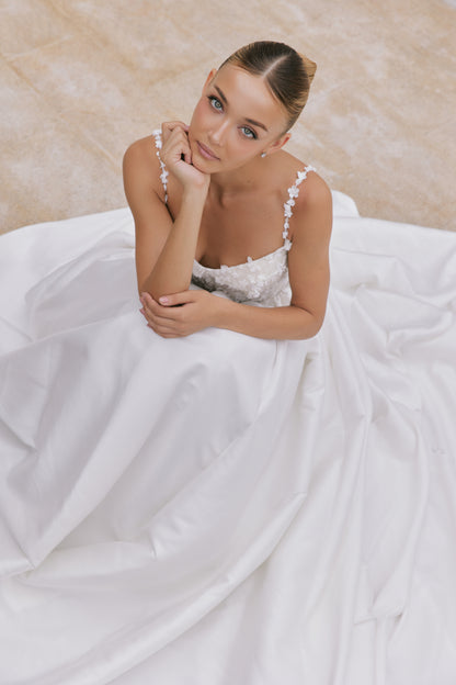 Off-the-Shoulder Mikado A-Line Gown with Beaded Lace | Briderful - fabric