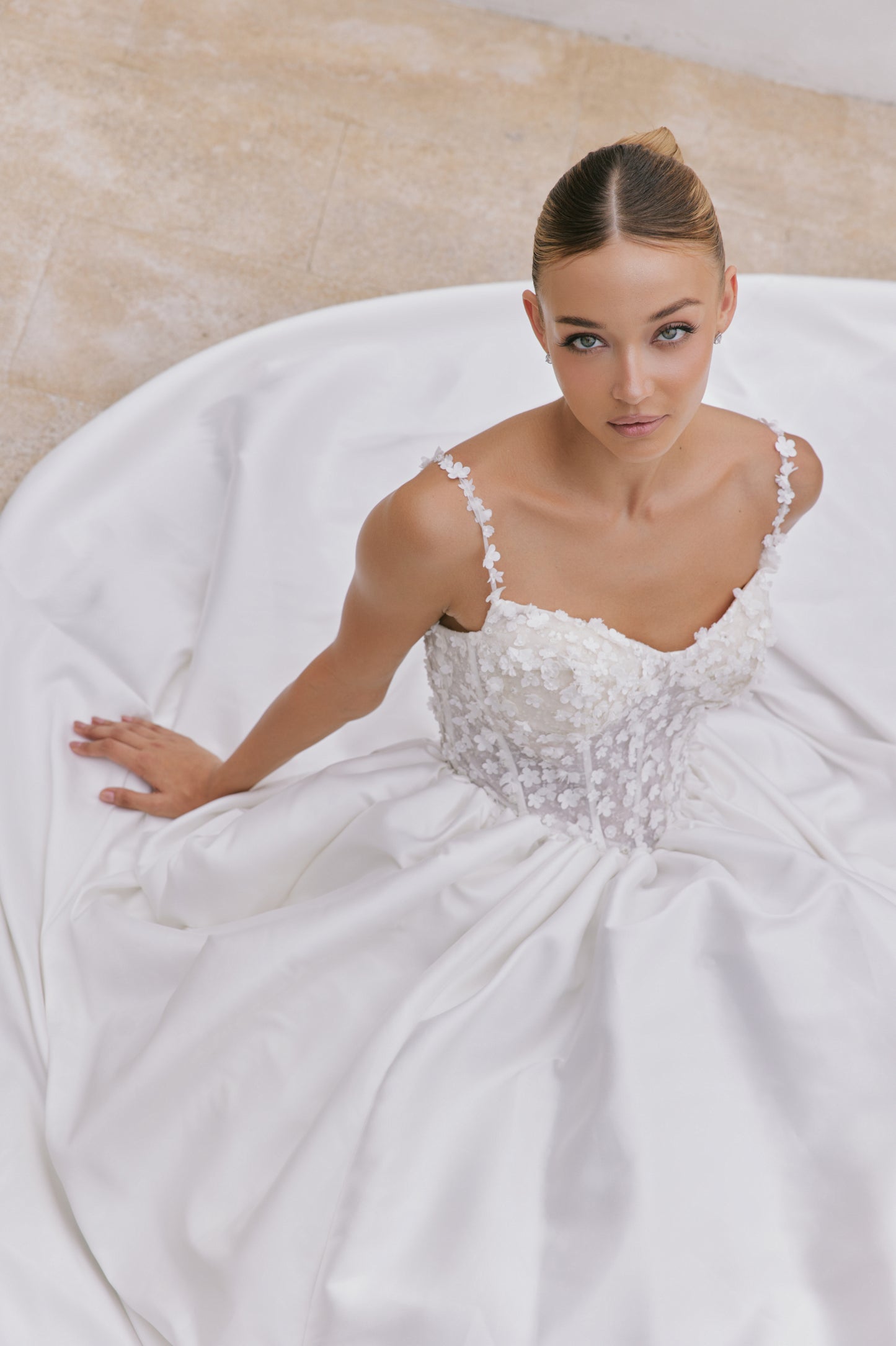 Off-the-Shoulder Mikado A-Line Gown with Beaded Lace | Briderful - fabric close up