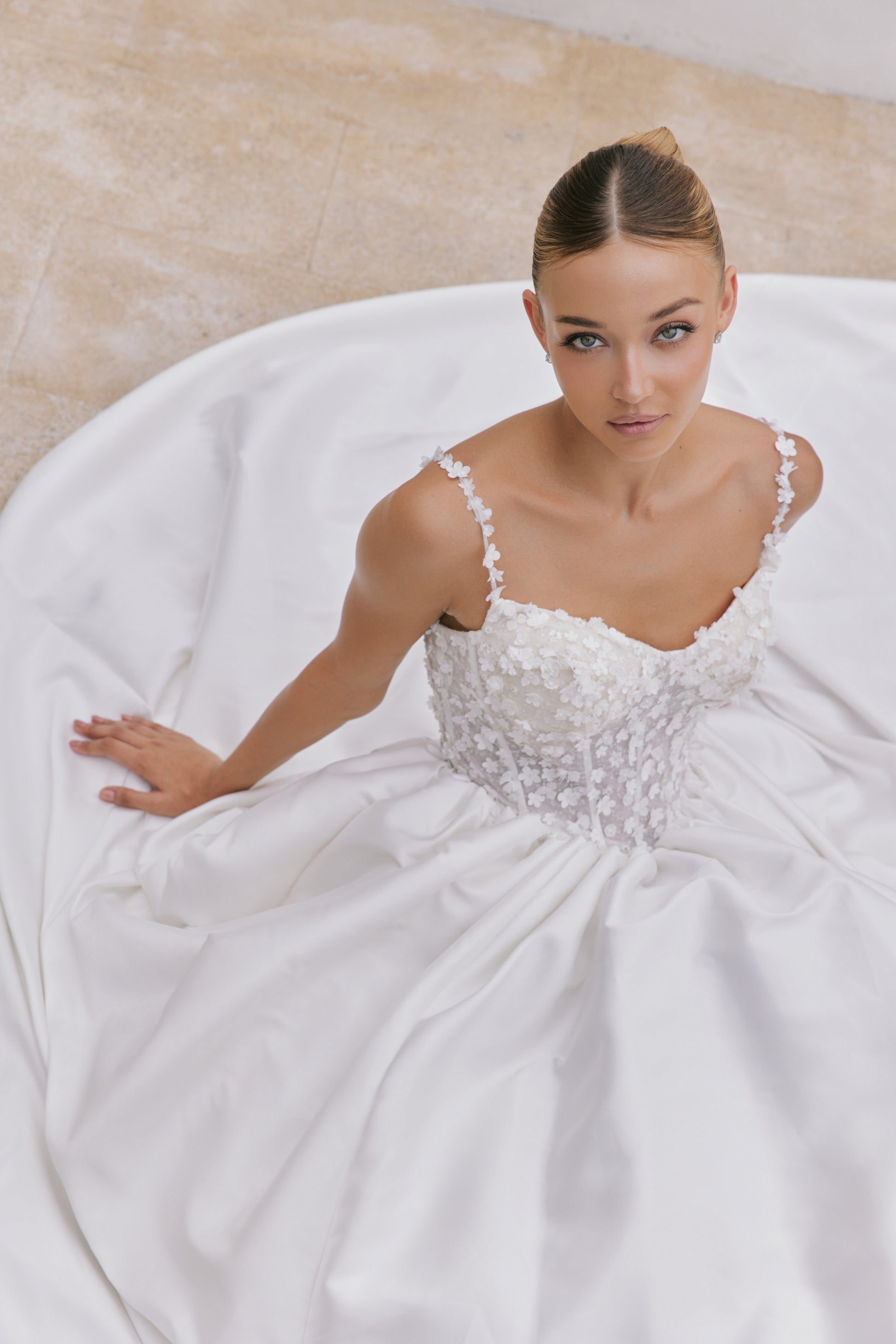 Off-the-Shoulder Mikado A-Line Gown with Beaded Lace | Briderful - fabric close up
