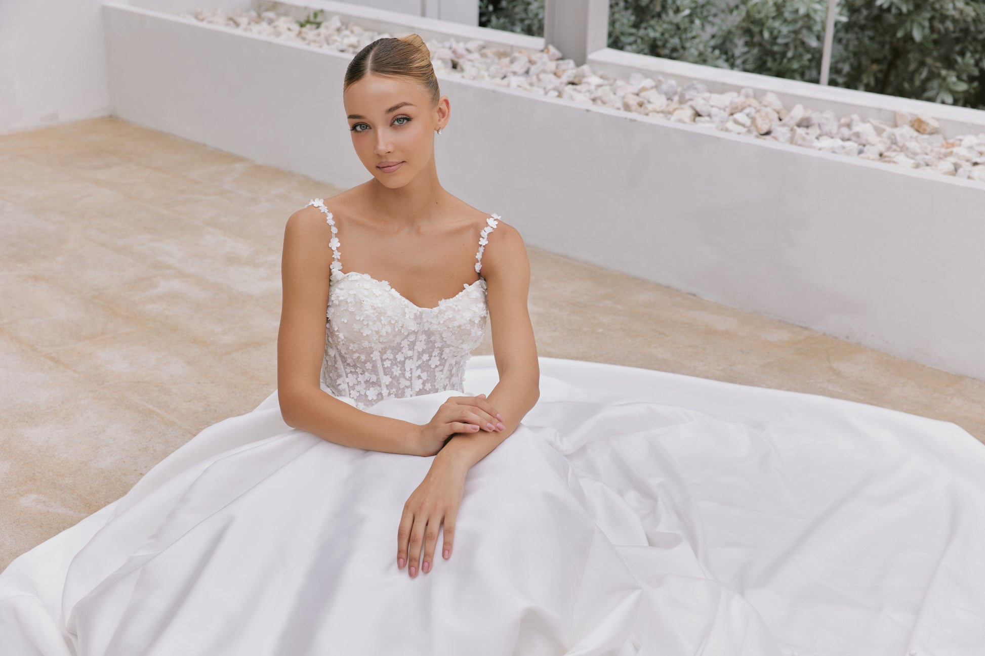 Off-the-Shoulder Mikado A-Line Gown with Beaded Lace | Briderful - close up