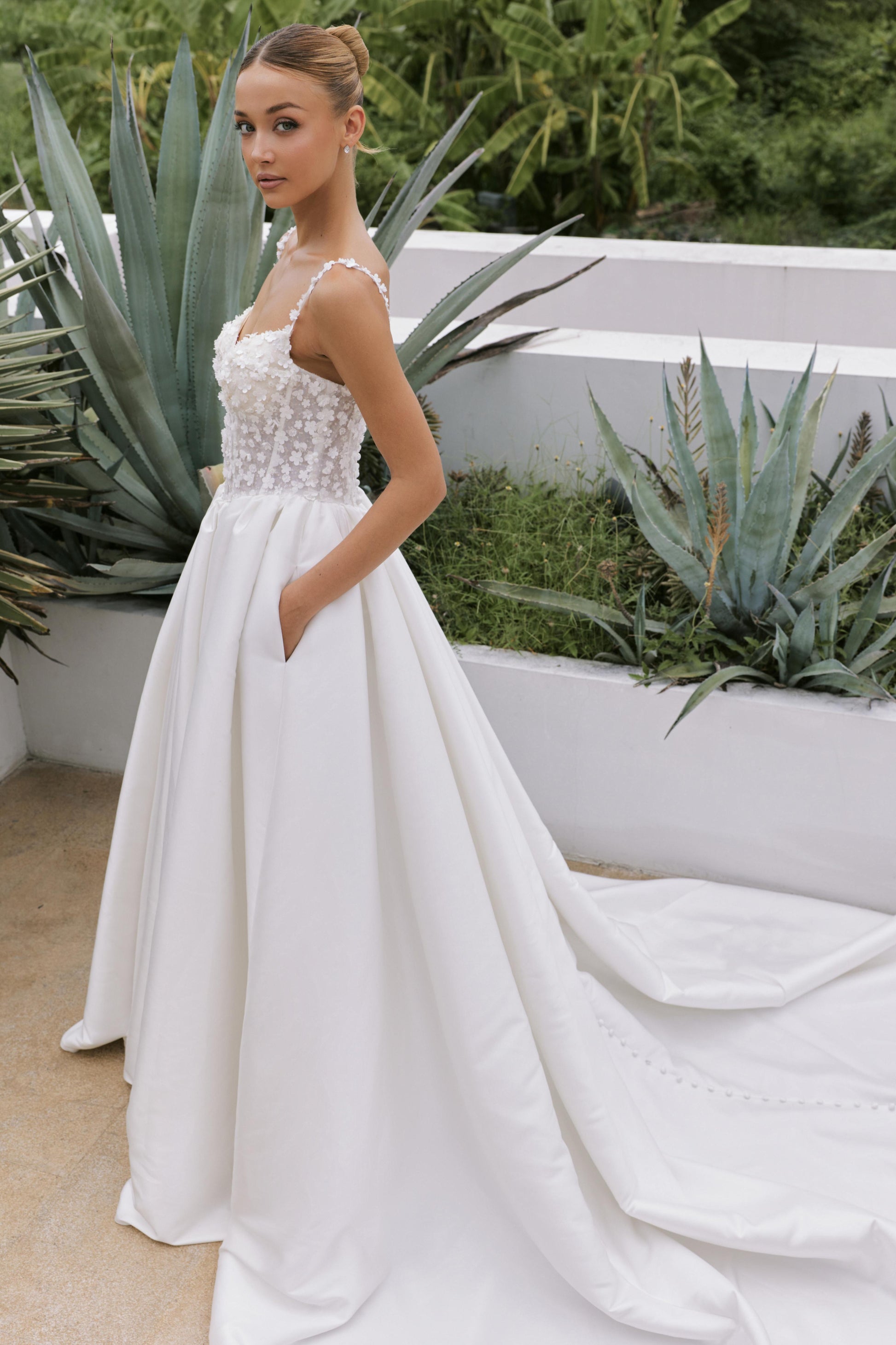 Off-the-Shoulder Mikado A-Line Gown with Beaded Lace | Briderful
