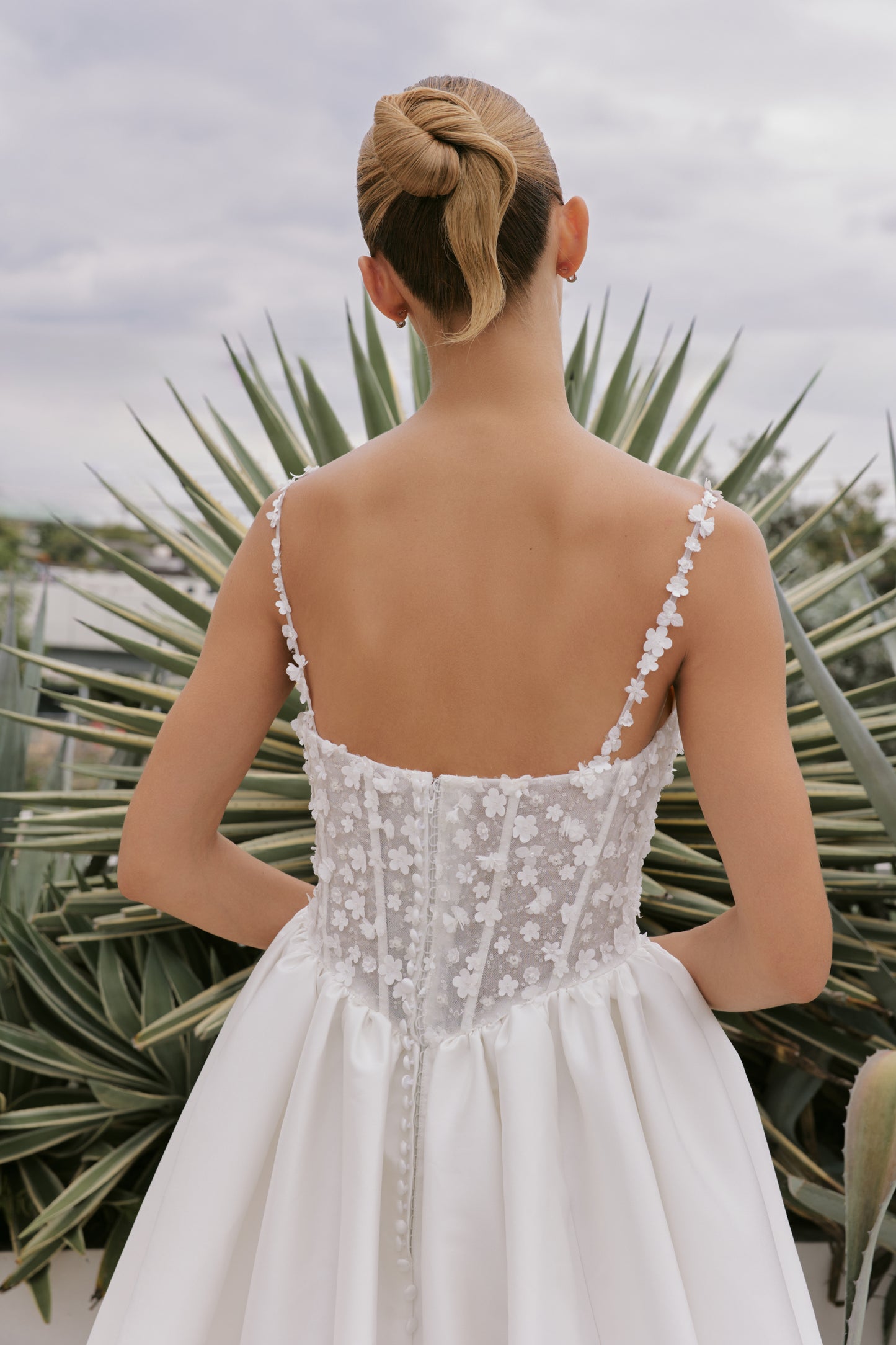 Off-the-Shoulder Mikado A-Line Gown with Beaded Lace | Briderful - back fabric