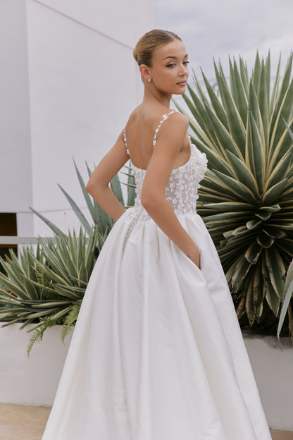 Off-the-Shoulder Mikado A-Line Gown with Beaded Lace | Briderful - back detail