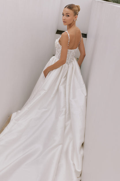 Off-the-Shoulder Mikado A-Line Gown with Beaded Lace | Briderful - back