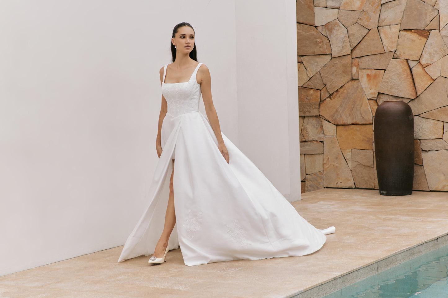 Modern Square Neckline Satin A-Line Wedding Gown | Briderful - close up