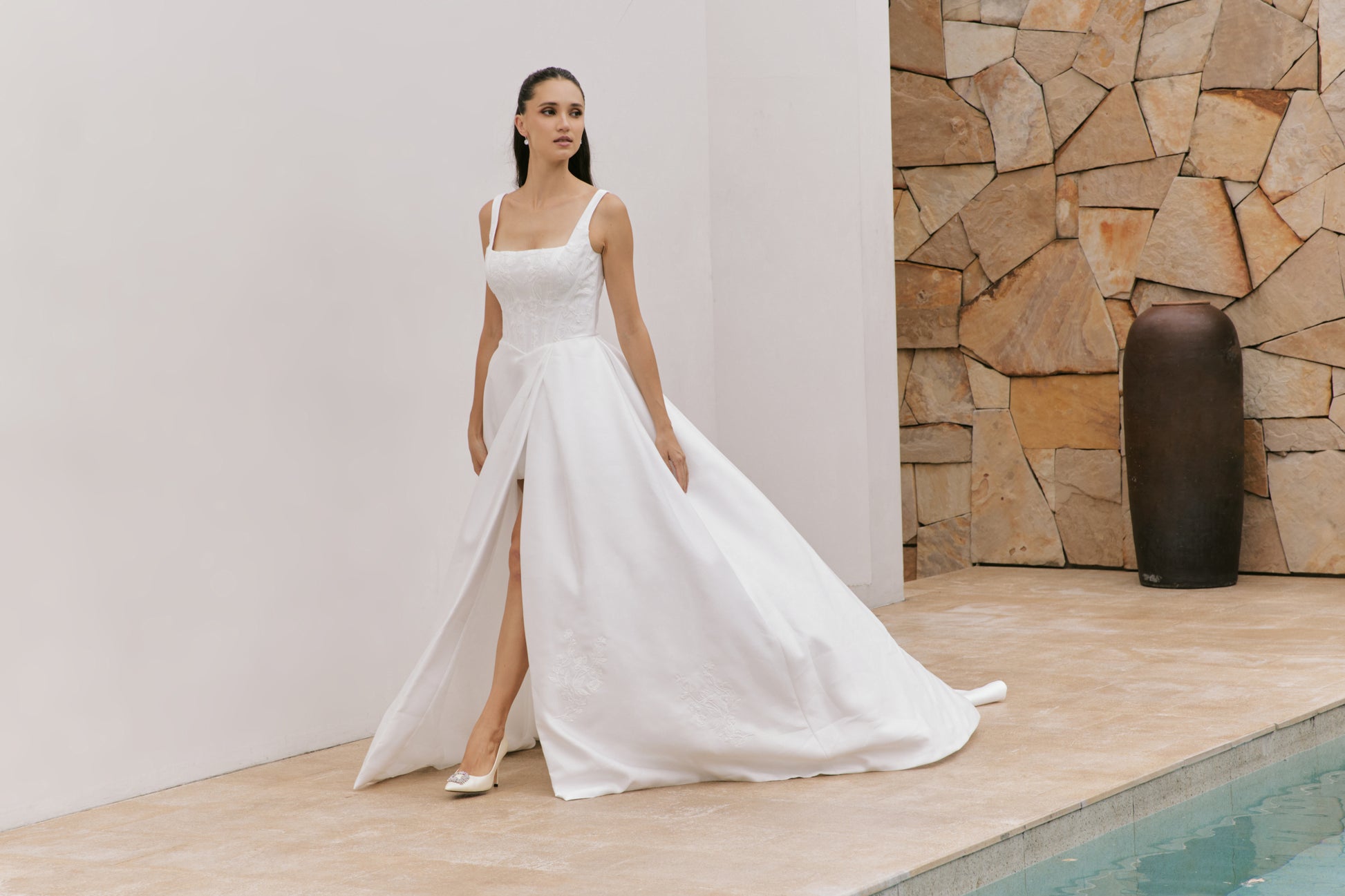 Modern Square Neckline Satin A-Line Wedding Gown | Briderful - close up