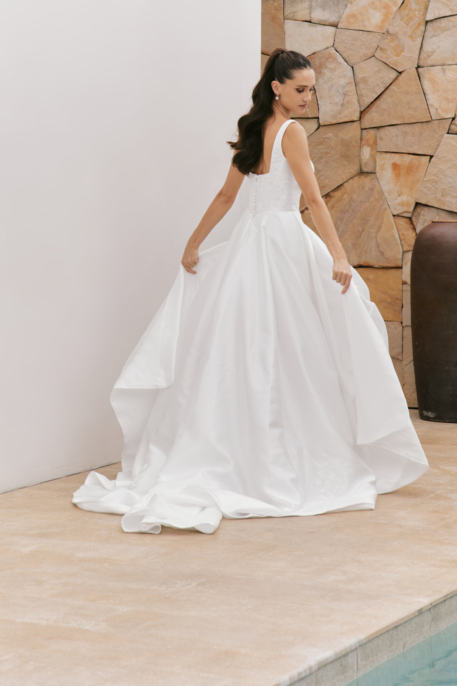 Modern Square Neckline Satin A-Line Wedding Gown | Briderful - back detail