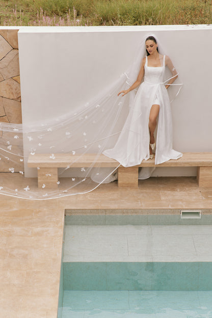 Modern Square Neckline Satin A-Line Wedding Gown | Briderful - with veil