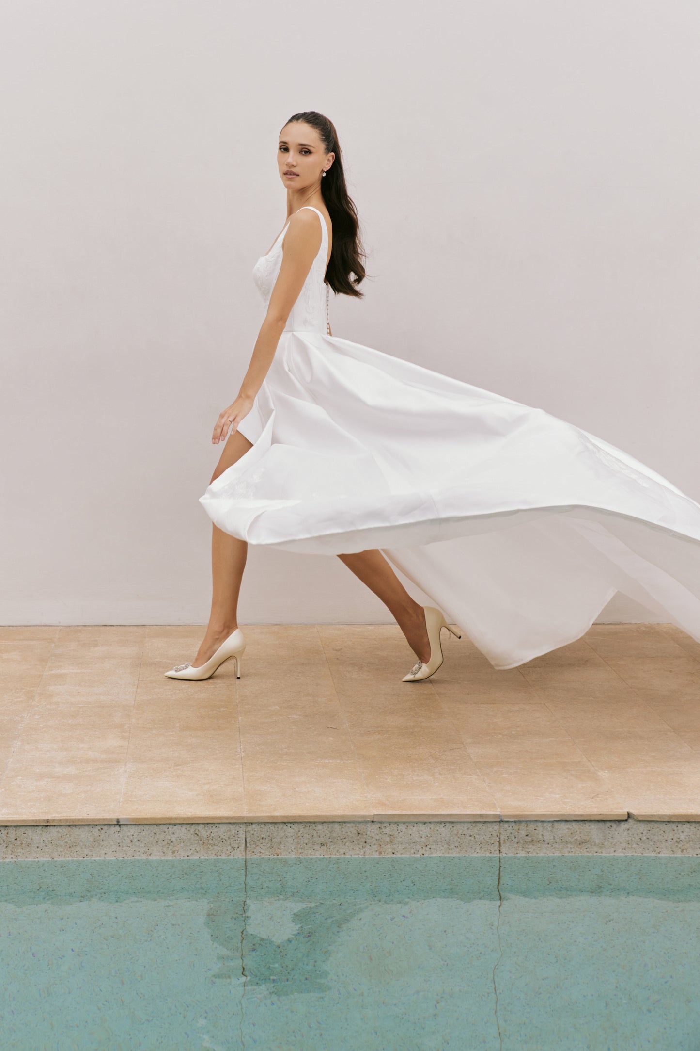 Modern Square Neckline Satin A-Line Wedding Gown | Briderful - side detail