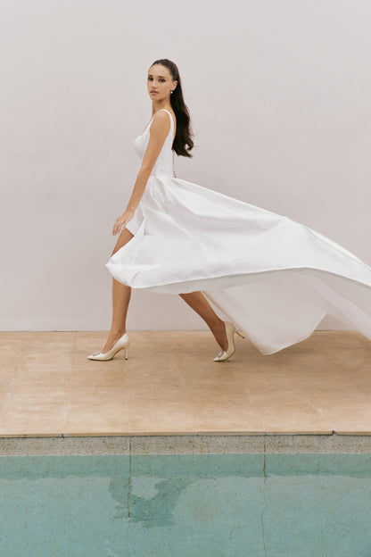 Modern Square Neckline Satin A-Line Wedding Gown | Briderful - side detail