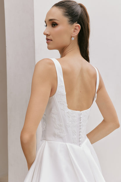 Modern Square Neckline Satin A-Line Wedding Gown | Briderful - back