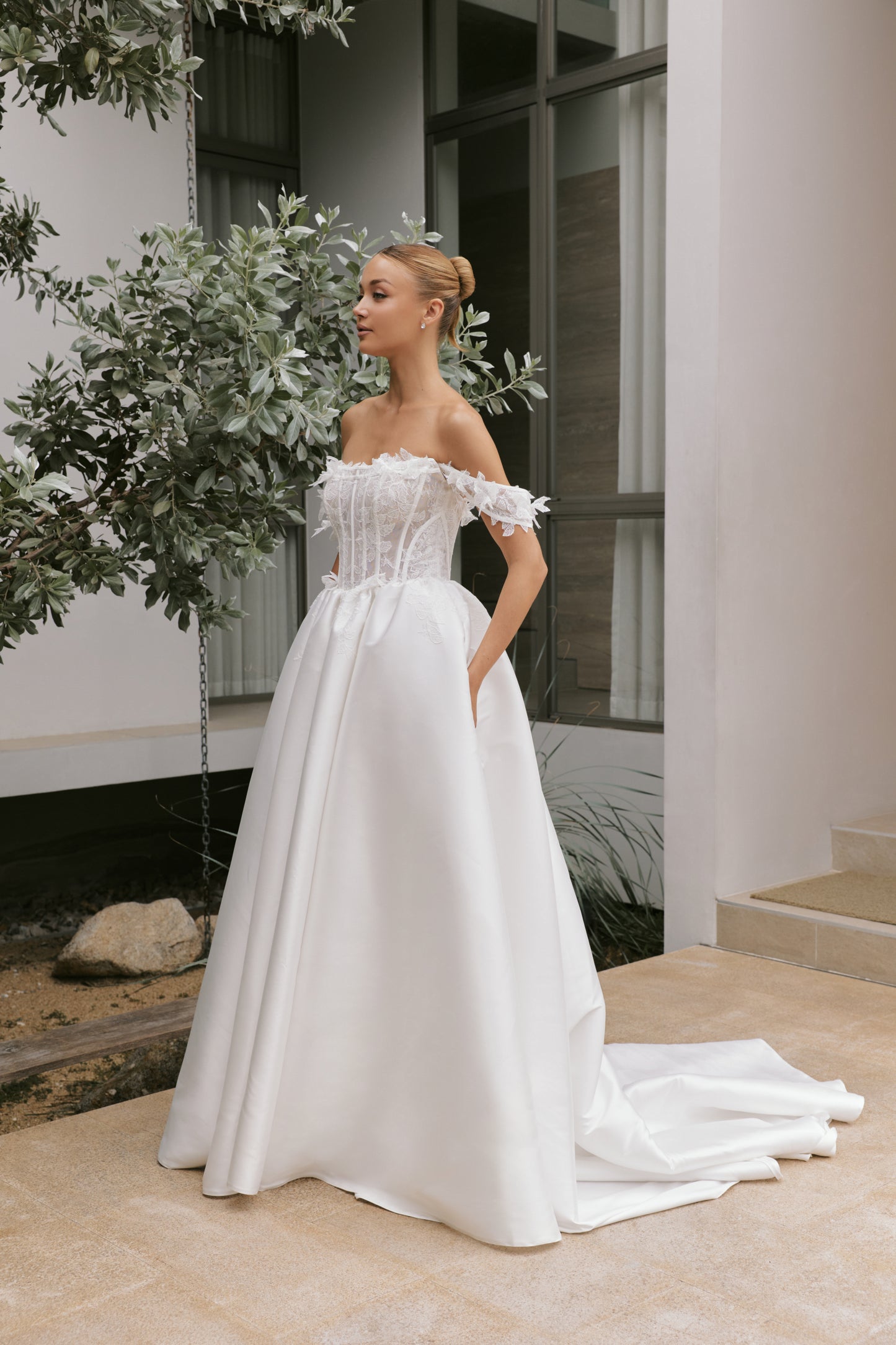 3D Floral Appliqué Strapless A-Line Wedding Gown | Briderful - side