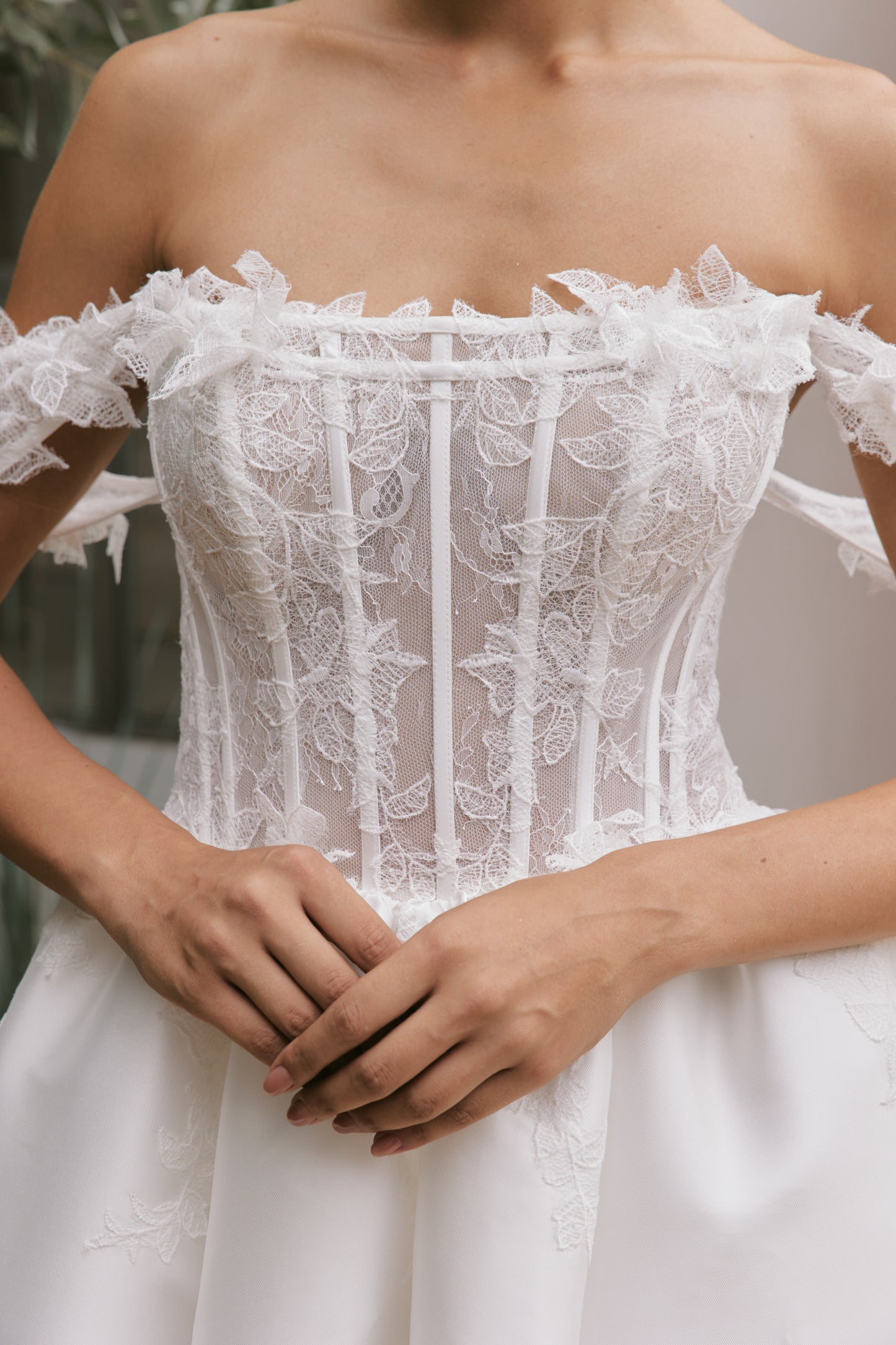 3D Floral Appliqué Strapless A-Line Wedding Gown | Briderful - fabric close up