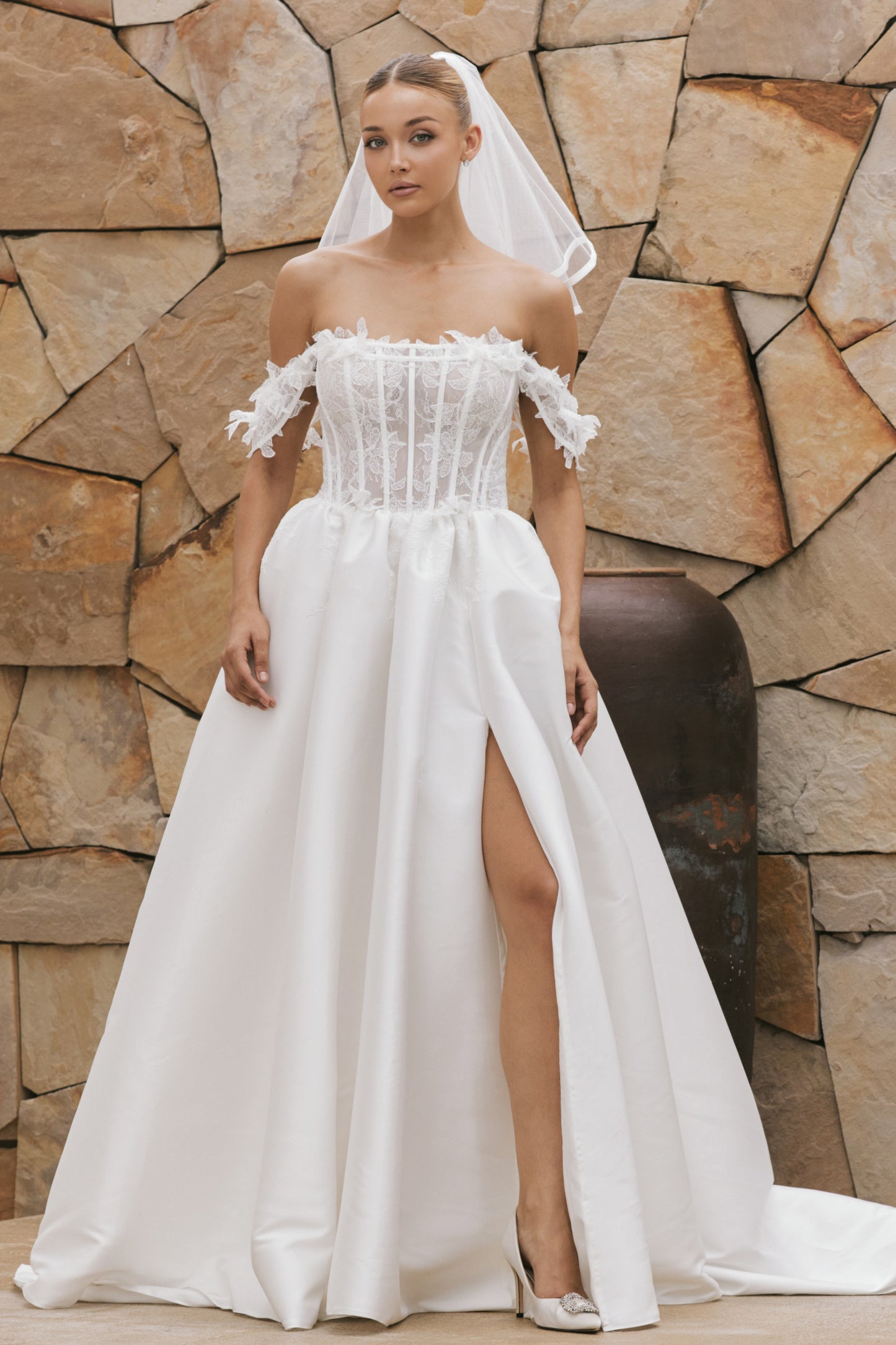 3D Floral Appliqué Strapless A-Line Wedding Gown | Briderful