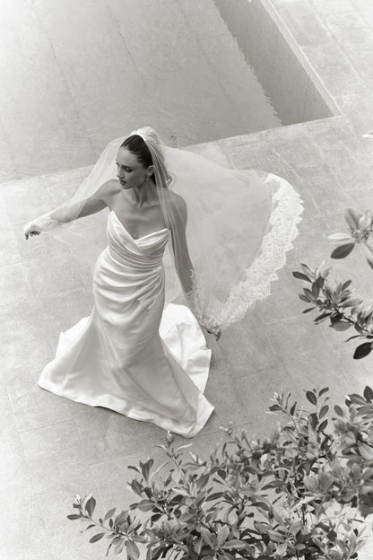 French Satin Trumpet Wedding Gown with Sweetheart Neckline | Briderful - french satin