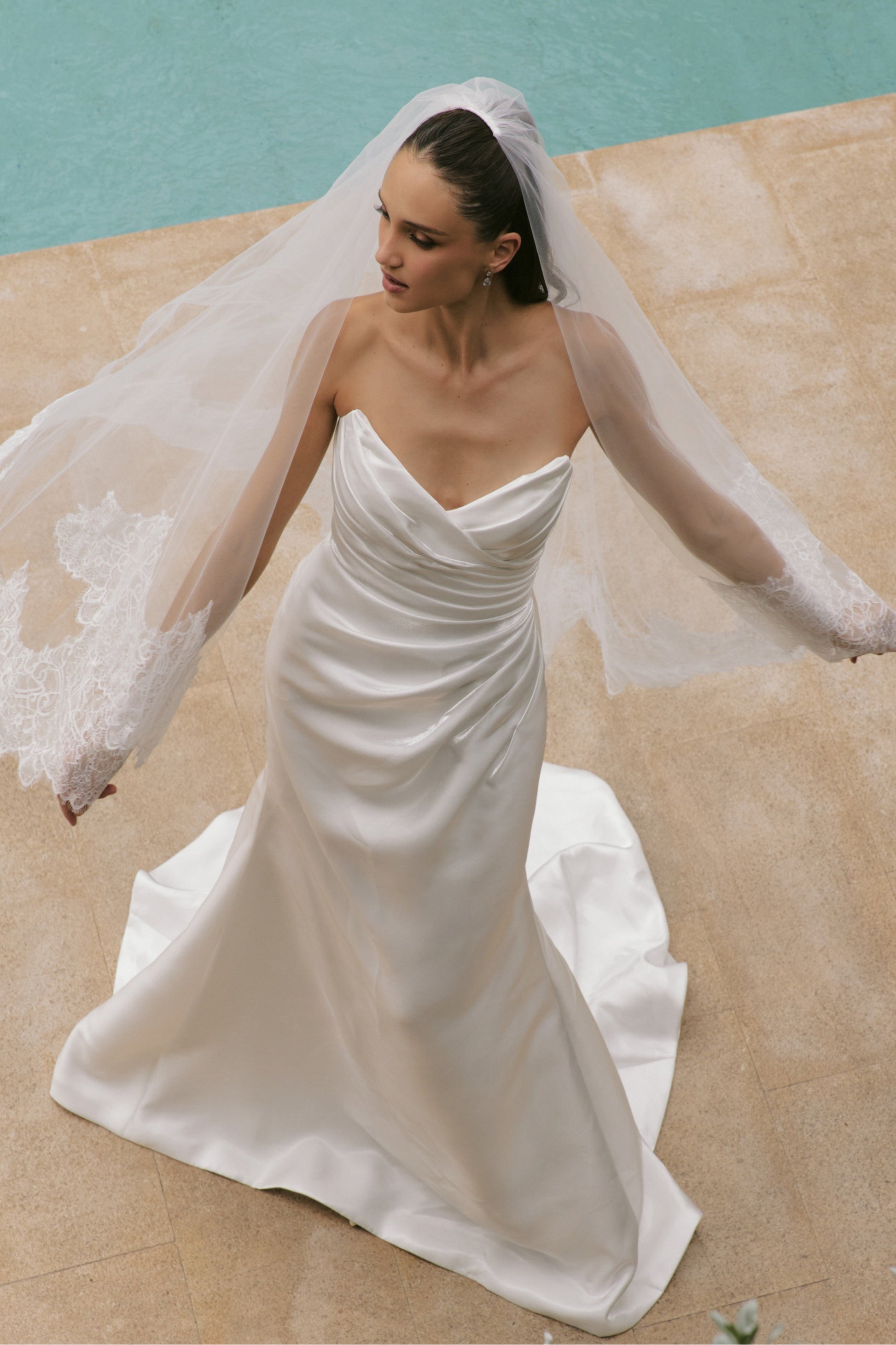 French Satin Trumpet Wedding Gown with Sweetheart Neckline | Briderful - fabric
