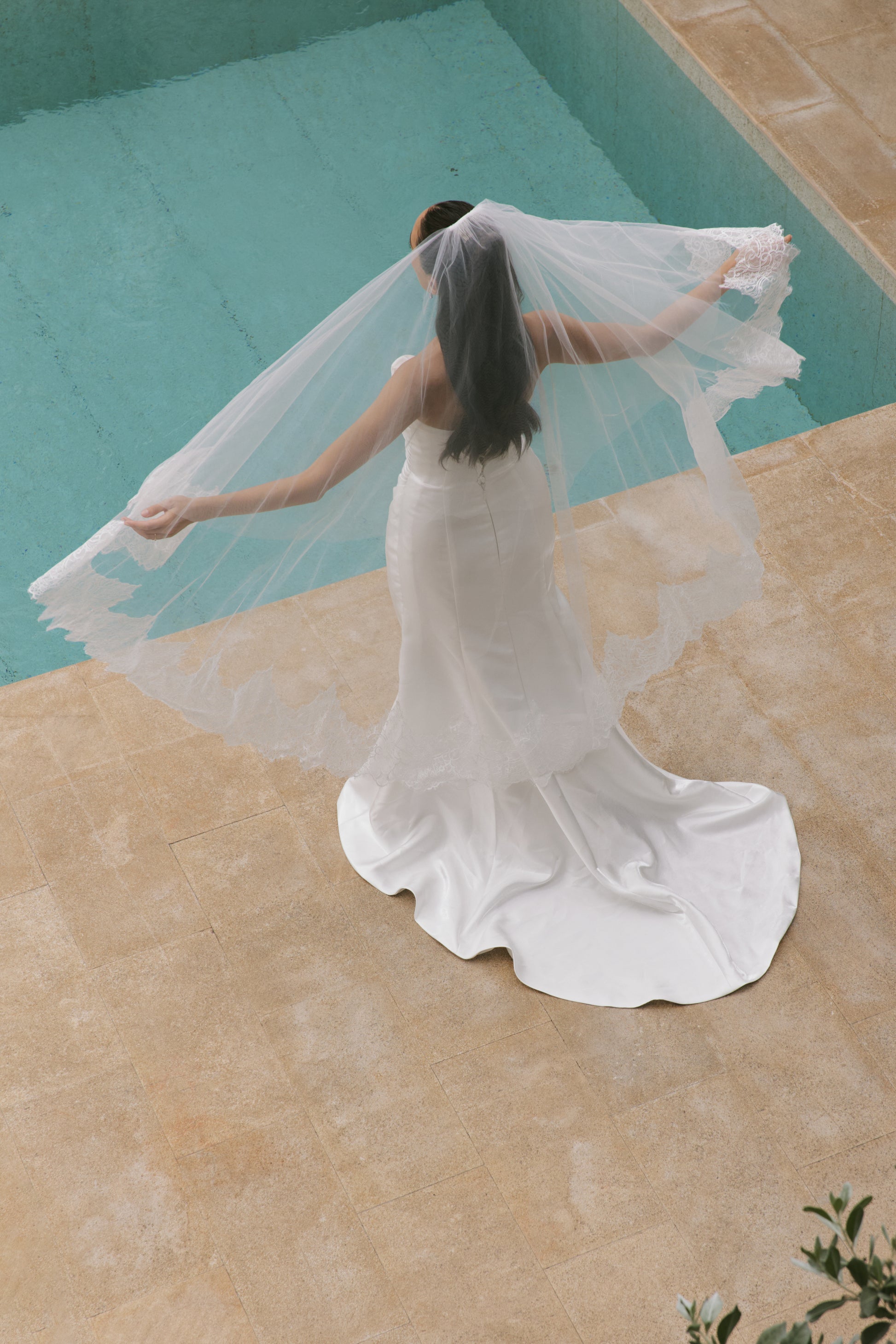 French Satin Trumpet Wedding Gown with Sweetheart Neckline | Briderful - back detail