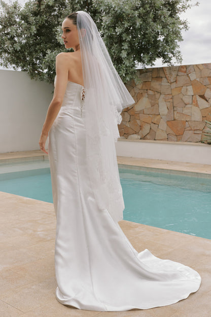 French Satin Trumpet Wedding Gown with Sweetheart Neckline | Briderful