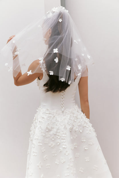 Mikado Tea-Length Wedding Dress with 3D Floral Appliqués | Briderful - back