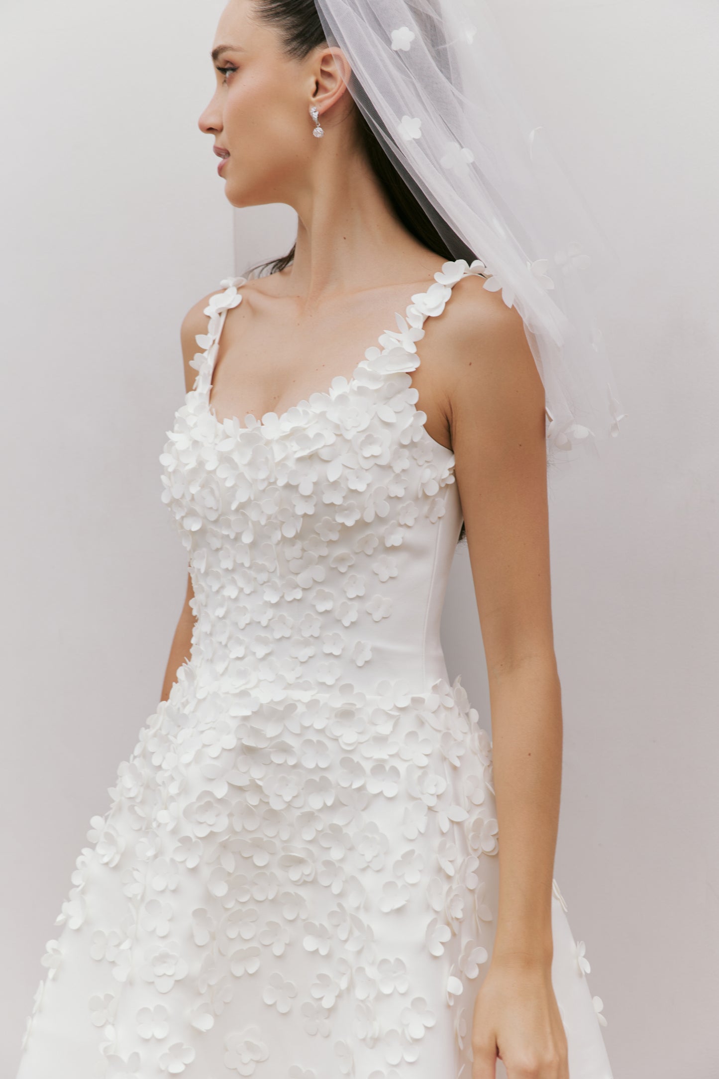 Mikado Tea-Length Wedding Dress with 3D Floral Appliqués | Briderful - fabric close up