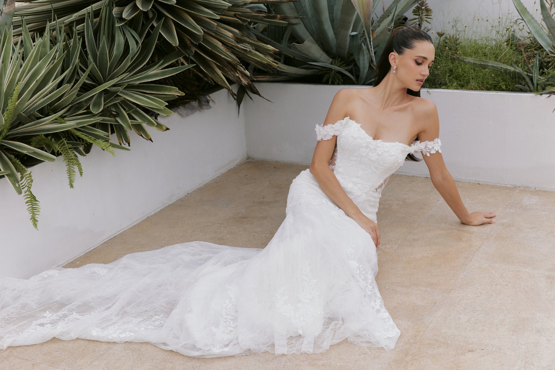Off-the-Shoulder Lace Mermaid Wedding Gown | Briderful - fabric close up