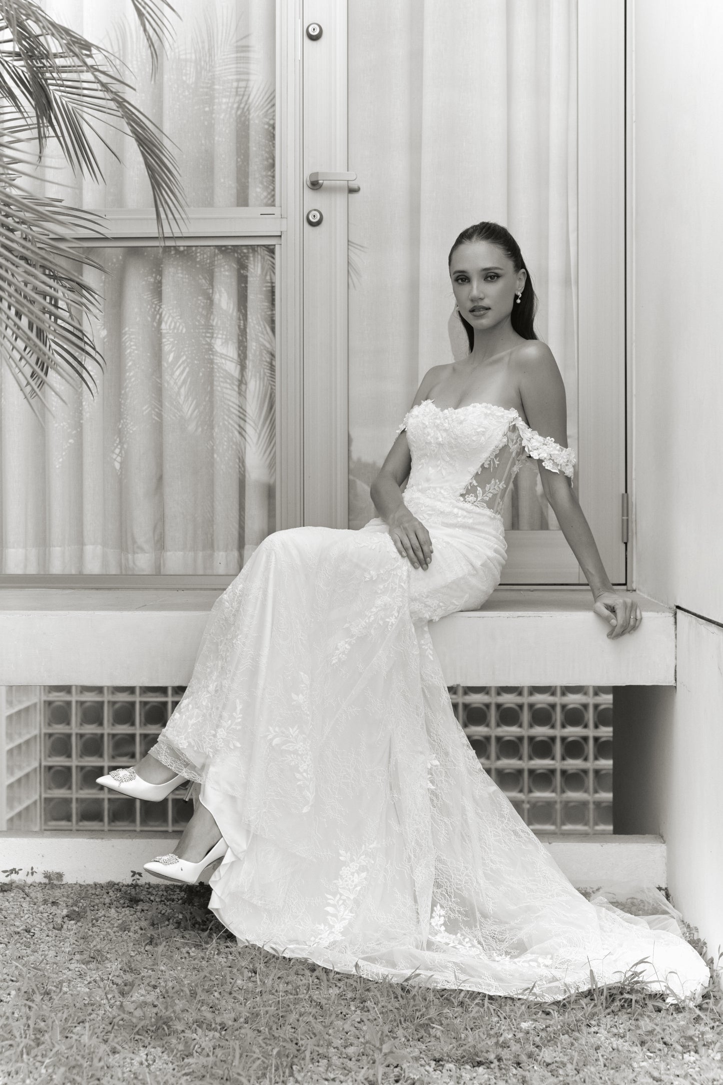 Off-the-Shoulder Lace Mermaid Wedding Gown | Briderful - side detail