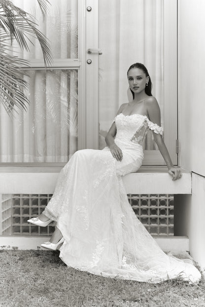 Off-the-Shoulder Lace Mermaid Wedding Gown | Briderful - side detail