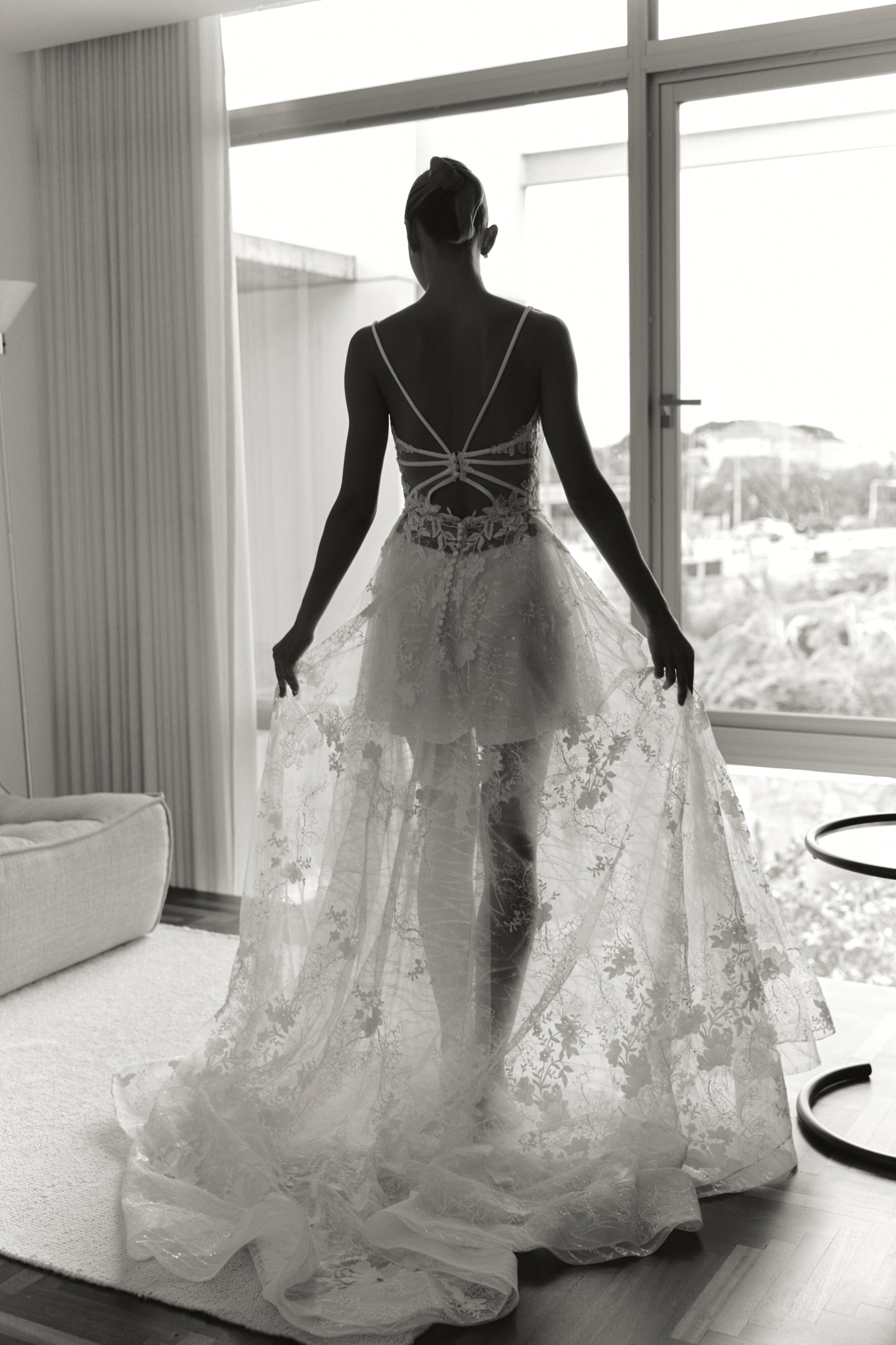 Lace Open-Back Wedding Gown with Delicate Spaghetti Straps | Briderful - back view