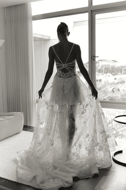 Lace Open-Back Wedding Gown with Delicate Spaghetti Straps | Briderful - back view