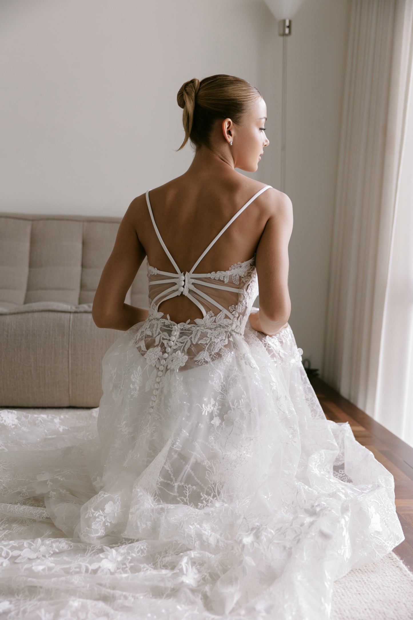 Lace Open-Back Wedding Gown with Delicate Spaghetti Straps | Briderful - back close up