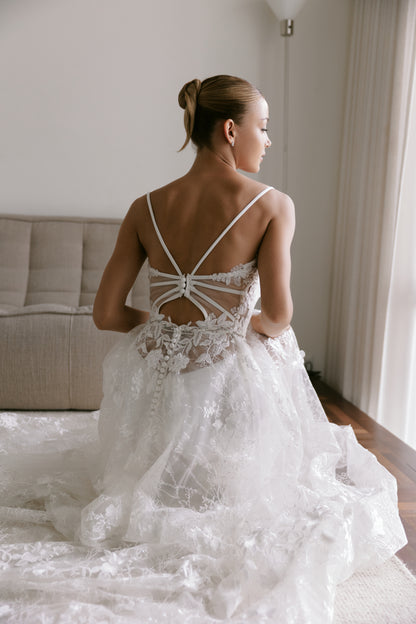 Lace Open-Back Wedding Gown with Delicate Spaghetti Straps | Briderful - back close up