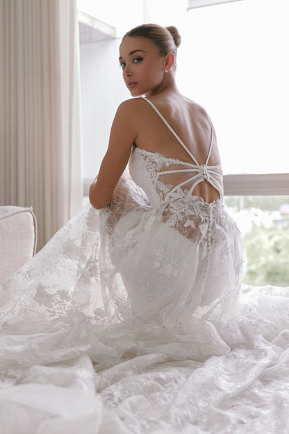 Lace Open-Back Wedding Gown with Delicate Spaghetti Straps | Briderful - back