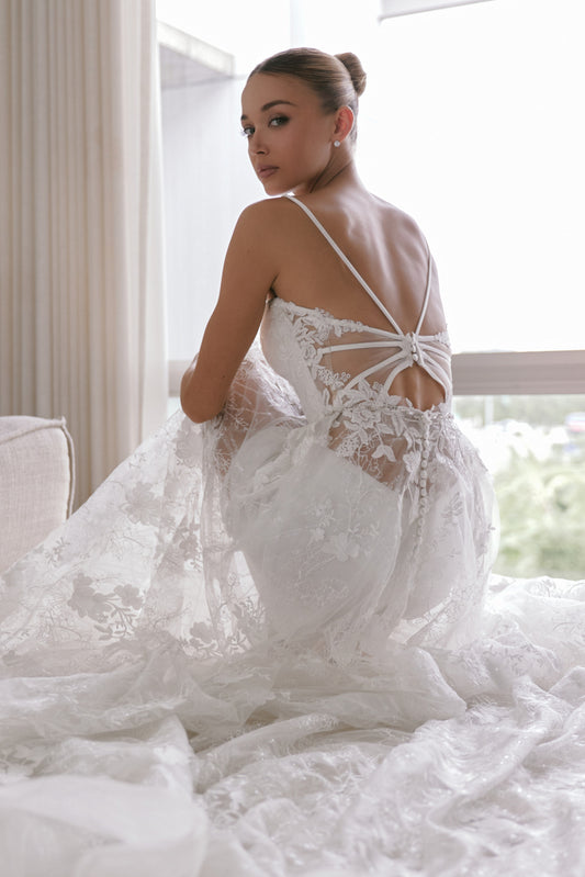 Lace Open-Back Wedding Gown with Delicate Spaghetti Straps | Briderful - back