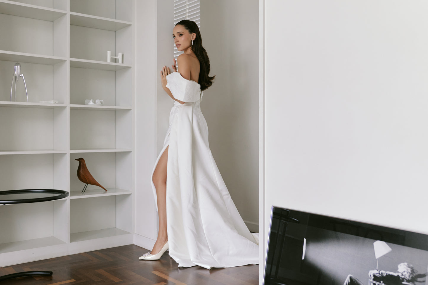 Off-the-Shoulder Satin A-Line Wedding Gown | Briderful - side detail
