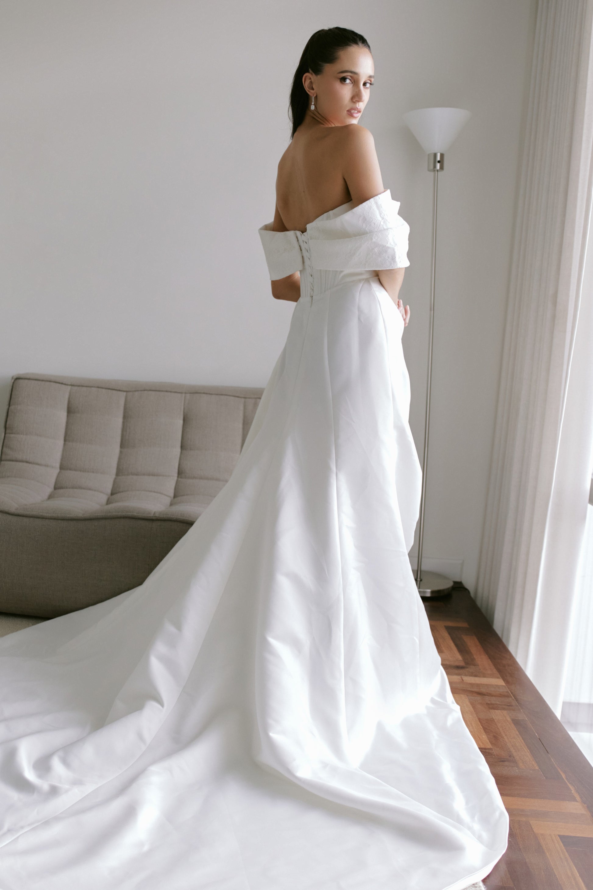 Off-the-Shoulder Satin A-Line Wedding Gown | Briderful - back view