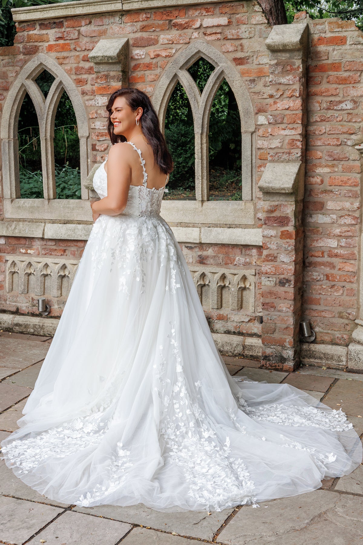 Deep V-Neck Lace A-Line Wedding Gown with Spaghetti Straps | Briderful - back