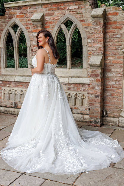 Deep V-Neck Lace A-Line Wedding Gown with Spaghetti Straps | Briderful - back