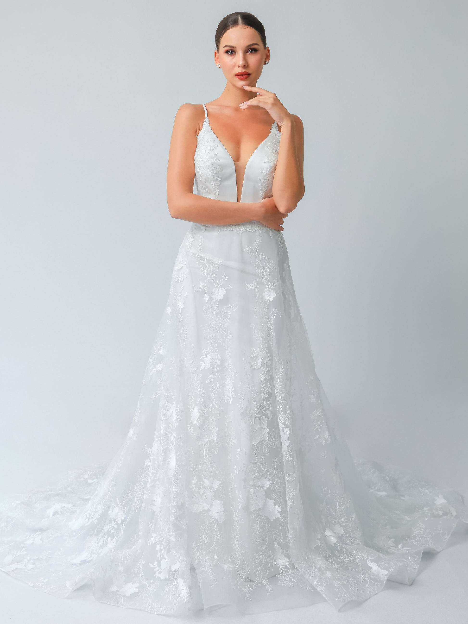 Deep V Illusion A-Line Wedding Gown with Mesh Open-Back | Briderful Deep V Illusion A-Line Wedding Gown with Mesh Open-Back | Briderful