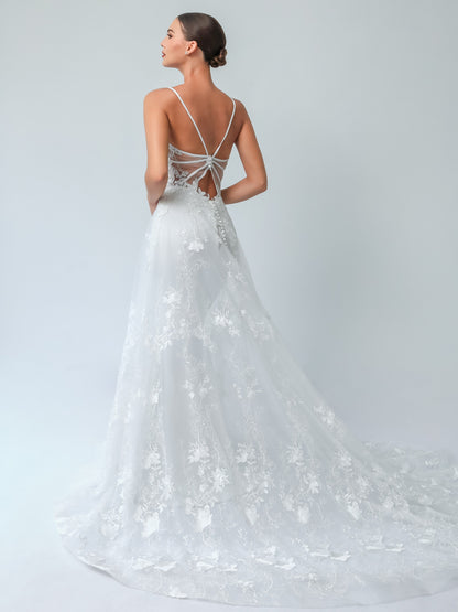 Deep V Illusion A-Line Wedding Gown with Mesh Open-Back | Briderful - back