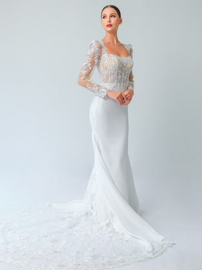 Square Neck Lace Fit-and-Flare Wedding Gown with Detachable Sleeves | Briderful