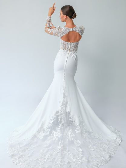 Square Neck Lace Fit-and-Flare Wedding Gown with Detachable Sleeves | Briderful - back