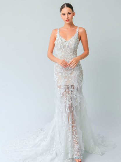 Ruffled Trumpet Wedding Gown with Sheer Tulle & Floral Lace | Briderful