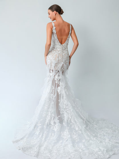 Ruffled Trumpet Wedding Gown with Sheer Tulle & Floral Lace | Briderful - back