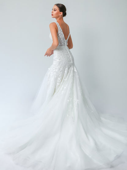 Illusion V-Neck A-Line Wedding Gown with Waist Cutouts & Deep V-Back | Briderful - side