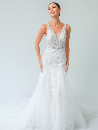 Illusion V-Neck A-Line Wedding Gown with Waist Cutouts & Deep V-Back | Briderful
