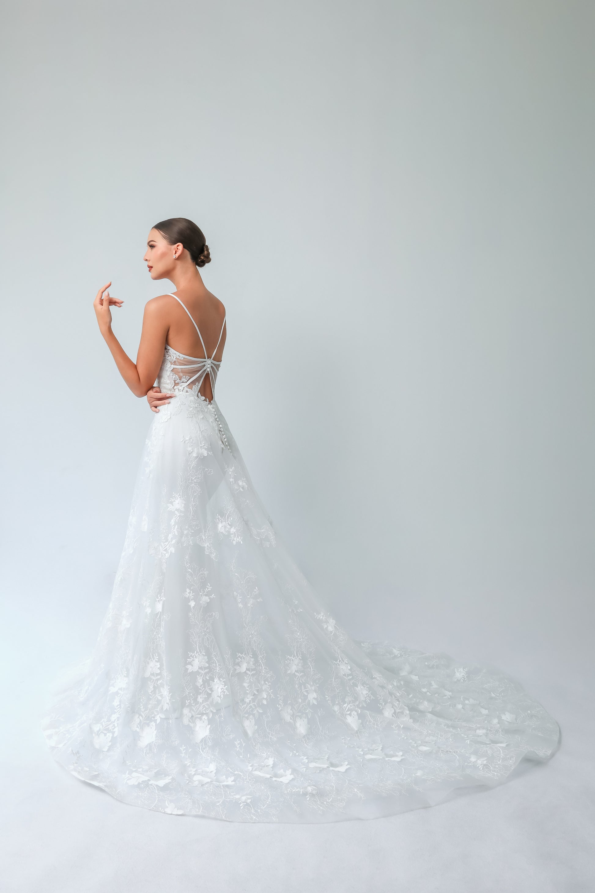 Deep V Illusion A-Line Wedding Gown with Mesh Open-Back | Briderful - side