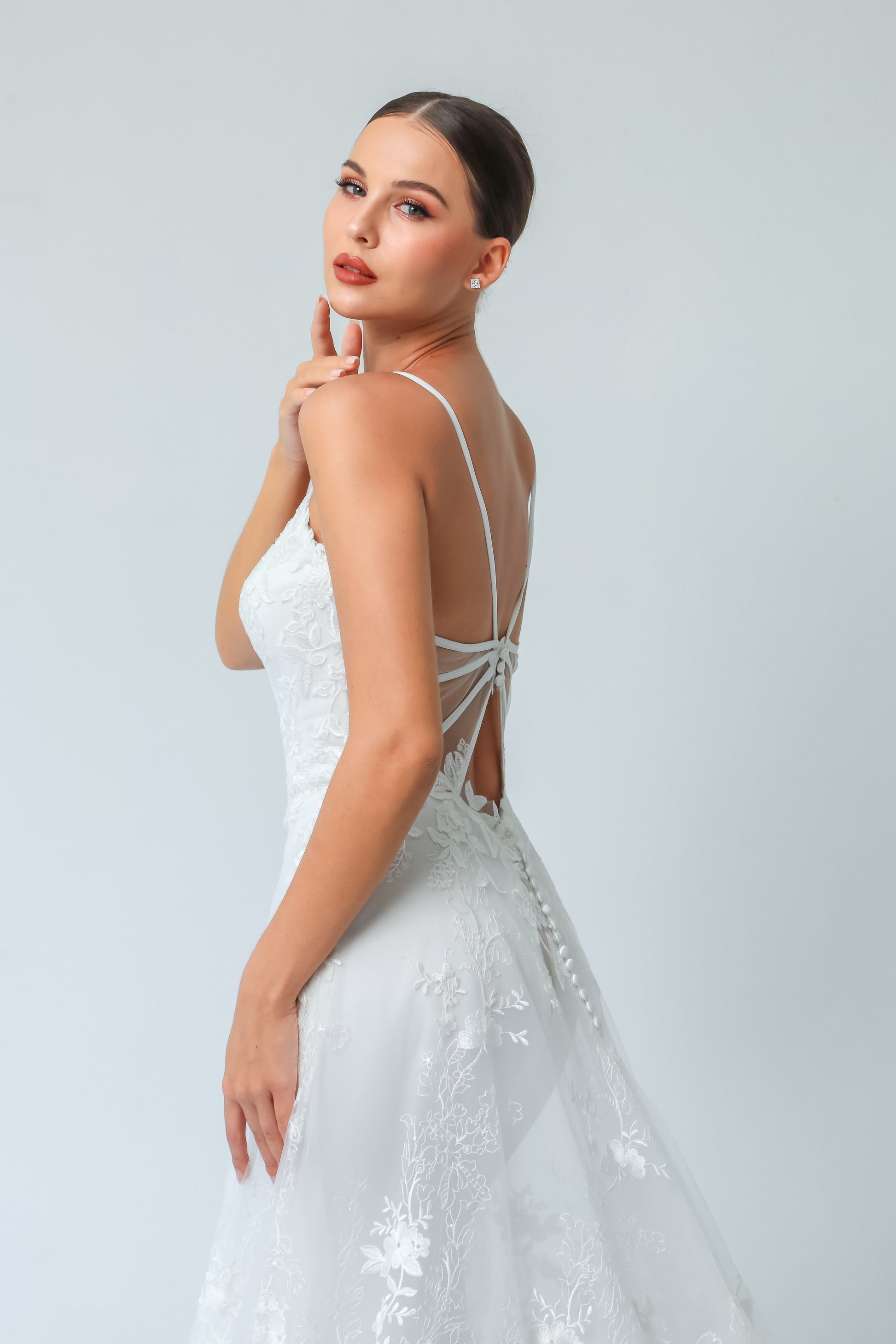 Deep V Illusion A-Line Wedding Gown with Mesh Open-Back | Briderful - side detail
