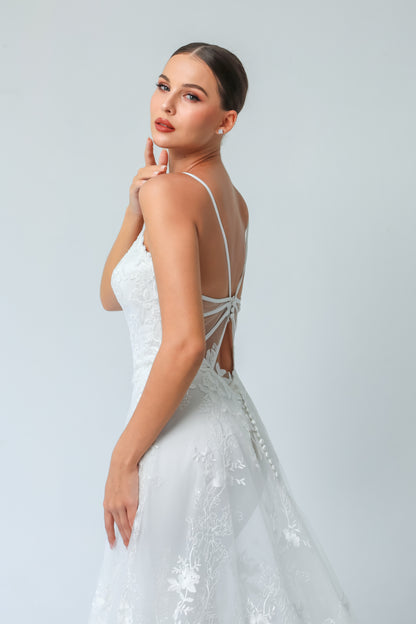 Deep V Illusion A-Line Wedding Gown with Mesh Open-Back | Briderful - side detail