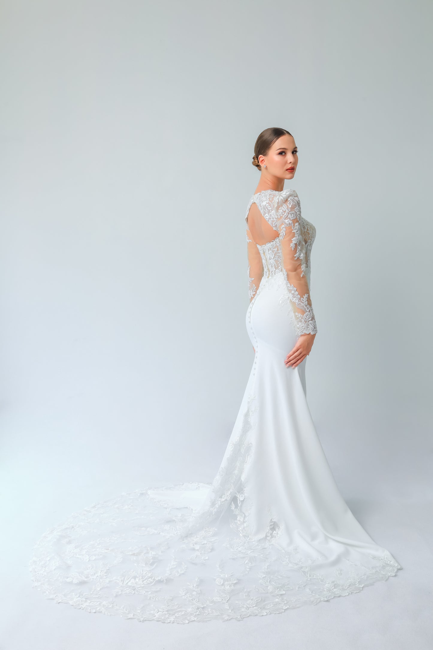 Square Neck Lace Fit-and-Flare Wedding Gown with Detachable Sleeves | Briderful - side detail