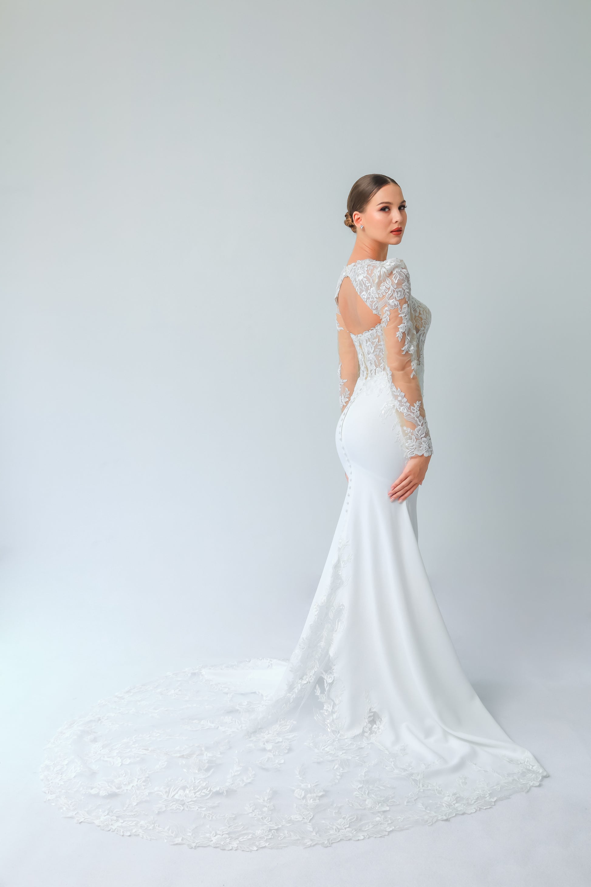 Square Neck Lace Fit-and-Flare Wedding Gown with Detachable Sleeves | Briderful - side detail